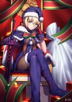  artoria_pendragon_(all) bad_id bad_pixiv_id blonde_hair blurry blush boots breasts cape chair chin_rest closed_mouth crossed_legs depth_of_field dress eyebrows_visible_through_hair fate/grand_order fate_(series) frown fur_trim gloves hat head_tilt medium_breasts pantyhose purple_dress purple_footwear purple_legwear sack santa_alter santa_hat sitting solo sword thigh_boots thighhighs weapon xiaosan_ye yellow_eyes 