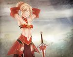  armor arms_behind_head artist_request blonde_hair breasts clarent cleavage elbow_gloves fate/apocrypha fate/grand_order fate_(series) faulds gloves green_eyes grin looking_at_viewer midriff mordred_(fate) mordred_(fate)_(all) navel short_ponytail small_breasts smile solo source_request sword thighhighs underboob weapon 