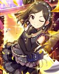  alternate_hairstyle artist_request black_gloves black_hair bracelet confetti earrings elbow_gloves faceless faceless_female formal gloves hairband idolmaster idolmaster_cinderella_girls jewelry necklace official_art one_eye_closed pearl_bracelet pearl_earrings pearl_necklace saejima_kiyomi smile solo_focus 