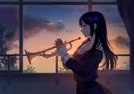  artist_name black_hair classroom cloud expressionless hibike!_euphonium highres indoors instrument kousaka_reina long_hair profile school_uniform serafuku sky soemy solo tree trumpet twilight window 