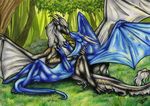  claws day detailed_background dragon duo feral grass hair horn licking lying membranous_wings natoli nude outside smile tongue tongue_out traditional_media_(artwork) tree white_hair wings 