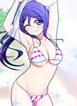  :d absurdres ankoiri armpits arms_up bikini blush breasts cleavage grin highres large_breasts long_hair looking_at_viewer love_live! love_live!_sunshine!! matsuura_kanan navel one_eye_closed open_mouth ponytail purple_eyes purple_hair shirt smile solo swimsuit undressing 