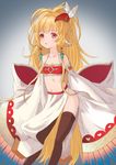  absurdres animal_ears bandeau bare_shoulders black_legwear blonde_hair collarbone detached_sleeves feathers flat_chest granblue_fantasy hair_ornament harvin highres loincloth long_hair mahira_(granblue_fantasy) midriff navel pelvic_curtain red_eyes rockzero sleeves_past_wrists solo thighhighs wide_sleeves 