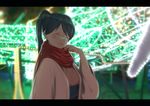  backlighting black_hair blurry closed_eyes depth_of_field high_ponytail highres houshou_(kantai_collection) japanese_clothes kantai_collection kimono letterboxed open_mouth orange_(sal1014) red_scarf robe scarf smile solo upper_body 