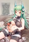  1girl areolae bare_shoulders bike_shorts breasts censored erect_nipples fingerless_gloves futanari gloves green_hair hair_ornament hard_translated highres masturbation menou_kaname midriff motion_blur navel newhalf original penis shirt_pull solo taishi_(picchiridou) testicles translated 