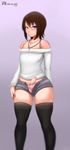  2015 absurdres artist_name bare_shoulders black_legwear blue_eyes blush borrowed_character brown_hair bulge curvy dated erection eyelashes eyeshadow foreskin highres jewelry long_sleeves looking_at_viewer makeup male_focus midriff necklace original otoko_no_ko panties penis_in_panties pink_panties razalor short_shorts shorts skindentation solo standing thick_thighs thighhighs thighs unbuttoned uncensored underwear unzipped wide_hips 