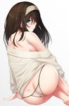  anza_tomo ass bare_shoulders barefoot blue_eyes breasts brown_hair butt_crack hairband idolmaster idolmaster_cinderella_girls long_hair long_sleeves looking_at_viewer looking_back medium_breasts off_shoulder panties profile ribbed_sweater sagisawa_fumika sideboob simple_background sitting solo sweater underwear white_background white_panties white_sweater 