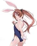  animal_ears ass bare_shoulders blush breasts brown_eyes brown_hair bunny_ears bunny_girl bunny_tail bunnysuit cowboy_shot detached_collar emblem girls_und_panzer kadotani_anzu leg_tattoo long_hair looking_at_viewer ooarai_(emblem) simple_background small_breasts solo tail tattoo twintails white_background wrist_cuffs yumesato_makura 
