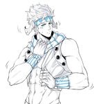  abs aqua_eyes battle_tendency caesar_anthonio_zeppeli covered_navel cropped_vest facial_mark fingerless_gloves gloves headband highres jojo_no_kimyou_na_bouken male_focus monochrome motion_lines muscle scarf shin_(840573976) solo spot_color striped striped_scarf upper_body vest winged_hair_ornament 