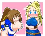  2girls arms_under_breasts belt blonde_hair blue_eyes border bounce breasts brown_eyes brown_hair cleavage crossover dead_or_alive downblouse eyebrows_visible_through_hair flying_sweatdrops gshinobi hair_ribbon hand_on_hip kasumi_(doa) large_breasts leaning_forward long_hair matching_hair/eyes motion_lines multiple_girls navel no_bra no_panties open_mouth outside_border pink_background ponytail ribbon sarah_bryant simple_background smile standing tied_hair virtua_fighter wavy_mouth white_border 