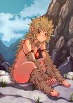  barefoot between_legs blush bottomless breasts brown_eyes chikuwa_udon closed_mouth cloud covered_nipples day frown full_body fur grass hand_between_legs head_tilt medium_breasts monkey_girl original outdoors outstretched_arms pointy_ears red_bikini_top rock sitting sky solo 