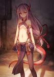  :/ black_legwear bow breasts collarbone commentary dragon_girl dragon_horns dragon_tail hair_bow horns ibuki_notsu loincloth long_hair looking_at_viewer low-tied_long_hair melusine_(ibuki_notsu) navel original red_eyes scales silver_hair small_breasts solo tail thighhighs v-shaped_eyebrows very_long_hair 