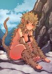  barefoot between_legs blush breasts brown_eyes chikuwa_udon closed_mouth cloud day frown full_body fur hand_between_legs head_tilt medium_breasts monkey_girl monkey_tail nipples original outdoors outstretched_arms pointy_ears rock sitting sky solo tail topless 