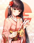  arrow blush brown_eyes brown_hair ema floral_print flower hair_flower hair_ornament hamaya japanese_clothes kanzashi kimono long_hair looking_at_viewer new_year obi original sash smile solo tsumami_kanzashi wide_sleeves yomono 