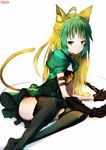  ahoge animal_ears arm_belt arm_support artist_name asymmetrical_gloves atalanta_(fate) bad_id bad_pixiv_id bangs black_legwear blonde_hair bow_(weapon) braid cat_ears cat_tail commentary_request dress dyolf fate/apocrypha fate_(series) from_side gloves green_eyes green_hair half_updo holding holding_weapon long_hair looking_at_viewer multicolored_hair puffy_short_sleeves puffy_sleeves short_sleeves simple_background sitting solo tail thighhighs weapon white_background 