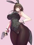  animal_ears breasts brown_eyes brown_hair bunny_ears bunnysuit coattails commentary damegane gun handgun highres johanna_wiese large_breasts long_hair looking_at_viewer pantyhose pistol smile solo walther walther_ppk weapon world_witches_series 
