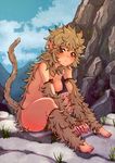  barefoot between_legs blush breasts brown_eyes chikuwa_udon closed_mouth cloud day frown full_body fur grass hand_between_legs head_tilt medium_breasts monkey_girl monkey_tail nipples original outdoors outstretched_arms pointy_ears rock sitting sky solo tail topless 
