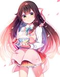  apron blush bow bowl bowtie braid brown_hair cherry_blossoms closed_mouth commentary_request food hair_ornament head_tilt holding holding_bowl long_hair long_sleeves looking_at_viewer moe_on_drop original pink_apron smile solo yellow_eyes 
