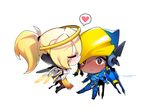  black_hair blonde_hair brown_eyes chibi closed_eyes dark_skin eye_of_horus facial_tattoo halo heart helmet kiss mercy_(overwatch) minigirl multiple_girls ng_(kimjae737) overwatch pantyhose pharah_(overwatch) simple_background spoken_heart tattoo white_background yuri 