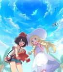  bag beanie black_hair blonde_hair braid cloud cosmog day dress gen_3_pokemon gen_4_pokemon gen_7_pokemon green_eyes green_shorts handbag hat kurochiroko lillie_(pokemon) long_hair mizuki_(pokemon) multiple_girls open_mouth palm_tree pikipek pokedex pokemon pokemon_(creature) pokemon_(game) pokemon_sm red_hat rotom rotom_dex see-through short_hair short_sleeves shorts sky sleeveless sleeveless_dress sun_hat tree twin_braids white_dress white_hat wingull 