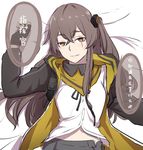  bed black_gloves bow brown_hair buttons eyebrows eyebrows_visible_through_hair fingerless_gloves girls_frontline gloves hair_bow hood hooded_jacket jacket long_hair looking_at_viewer nose one_side_up parted_lips ribbon scar scar_across_eye skirt solo translated ump45_(girls_frontline) unbuttoned upper_body very_long_hair xiujia_yihuizi yellow_eyes 