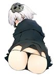  ass black_eyes black_panties blush cloak dutch_angle fate/apocrypha fate/grand_order fate_(series) from_behind jack_the_ripper_(fate/apocrypha) king_hassan_(fate/grand_order) kurowa looking_back mask mask_on_head panties scar silver_hair simple_background sitting solo string_panties thong twitter_username underwear white_background 