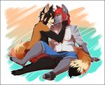  anthro canine clothing compass duo fur hair kissing male male/male mammal nipple_piercing nipples piercing red_panda sitting slightly_chubby underwear 