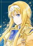  1girl alice_schuberg bangs blonde_hair blue_bow blue_eyes bow braid commentary_request hairband highres light_particles long_hair looking_at_viewer sidelocks single_braid smile solo sword_art_online very_long_hair yamada_koutarou 