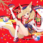  :d animal_ears ass ball bangs beachball blonde_hair confetti fang flower fox_ears fox_tail full_body geta hair_ribbon hat holding japanese_clothes knee_up kneehighs leg_up open_mouth original red_background red_eyes ribbon smile solo tail tougetsu_hajime twintails white_legwear wide_sleeves 