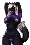  2017 anthro breasts canine clothed clothing clothing_lift eyewear facial_piercing female glasses heterochromia lip_piercing mammal nipple_piercing nipples nose_piercing piercing pink_nose porin shirt shirt_lift smile solo thong 