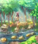  bag beanie black_hair gen_7_pokemon grass green_shorts handbag hat kurochiroko mizuki_(pokemon) pikipek pokemon pokemon_(creature) pokemon_(game) pokemon_sm red_hat river rock rockruff rowlet shirt shoes short_hair shorts sneakers standing standing_on_one_leg tied_shirt tree water yungoos 