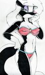  anthro bikini black_fur blue_eyes breasts clothed clothing female fur fureverick hair looking_at_viewer mammal nipple_bulge portrait simple_background skunk solo stacey_skunkette standing swimsuit teasing three-quarter_portrait white_background white_fur white_hair 