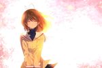  antenna_hair bad_id bad_pixiv_id brown_hair chunnkoromochi clannad closed_eyes cowboy_shot facing_viewer furukawa_nagisa hikarizaka_private_high_school_uniform sailor_collar school_uniform short_hair smile solo turtleneck upper_body v_arms 