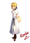  absurdres ahoge alternate_costume arms_behind_back artoria_pendragon_(all) blonde_hair boots casual fate/stay_night fate_(series) full_body hat hat_removed headwear_removed high_heel_boots high_heels highres renko saber smile solo white_background 