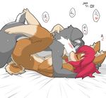  2016 ambiguous_penetration blush canine cum eyes_closed female french_kissing hair hug kemono kissing lying male male/female mammal missionary_position no_(artist) nude on_back penetration red_hair saliva sex simple_background yoriko 