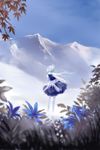  blue_flower blue_hair blue_sky blurry branch day depth_of_field dress flower forest from_behind grass hat hi-yo highres leaf letty_whiterock long_sleeves mountain nature outdoors outstretched_arm outstretched_hand purple_dress scarf scenery short_hair sky solo standing touhou white_hat white_legwear white_scarf 