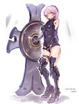  armor armored_boots bare_shoulders boots breasts dated elbow_gloves fate/grand_order fate_(series) full_body gloves hair_over_one_eye high_heels leotard looking_at_viewer mash_kyrielight medium_breasts nyuu_(manekin-eko) purple_eyes purple_gloves purple_hair shield short_hair solo 