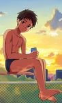  barefoot board brown_eyes brown_hair can chain-link_fence diving diving_board fence lilili looking_at_viewer male_focus male_swimwear original sitting soda_can solo swim_briefs swimwear 