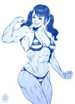  1girl abs biceps bikini breasts dairoku_tenma female monochrome muscle navel saiki_reika solo twintails 