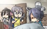  akebono_(kantai_collection) alternate_costume apron bed bed_sheet bedroom bell brushing_teeth closed_eyes commentary cowboy_shot eyepatch flower hair_bell hair_between_eyes hair_flower hair_ornament hair_over_one_eye hamu_koutarou highres indoors jingle_bell kantai_collection long_hair looking_at_another multiple_girls nagato_(kantai_collection) open_door open_mouth purple_eyes purple_hair red_eyes school_uniform serious short_hair side_ponytail sportswear tenryuu_(kantai_collection) towel towel_around_neck under_covers very_long_hair waking_up wavy_mouth wooden_wall 