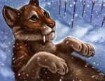 2017 brown_fur day feline feral flashw fur green_eyes lying mammal nude on_back outside paws pink_nose saber-toothed_cat smile snow solo teeth whiskers 