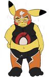 2015 anthro bulge clothed clothing cosplay_pikachu digital_media_(artwork) fur male mammal mask nintendo pikachu pikachu_libre pok&eacute;mon rodent simple_background slightly_chubby solo squeakydweeb standing sweat video_games white_background wide_hips yellow_fur 