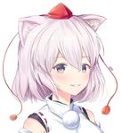  :3 animal_ears artist_name blush detached_sleeves grin hair_between_eyes hat highres ildy inubashiri_momiji looking_at_viewer pink_eyes pom_pom_(clothes) portrait red_hat short_hair simple_background smile solo tassel tokin_hat touhou turtleneck white_background wolf_ears 