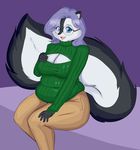  anthro blue_eyes breasts cleavage clothed clothing eyewear female glasses hair keyhole_turtleneck maikeru mammal pants purple_hair skunk slightly_chubby sofia_(maikeru) sweater 