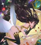  ass bangs barefoot black_hair black_legwear chin_rest clenched_hand crown earrings elbow_gloves fate/grand_order fate_(series) flying from_side gloves holding holding_weapon hoop_earrings ishtar_(fate/grand_order) jewelry light_smile long_hair long_legs looking_at_viewer namie-kun panties planet red_eyes single_glove single_thighhigh solo space sparkle star_(sky) thighhighs toeless_legwear underwear weapon white_panties 