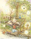  bench bird book brown_footwear bug butterfly cape cat ciro_ukai crown danian duck frog highres insect lamp lantern leaf mouse mushroom open_book original outdoors pillow plant shoes shoes_removed signature sleeping traditional_media tree watercolor_(medium) 