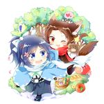  2boys anger_vein animal_ears basket big_bad_wolf big_bad_wolf_(cosplay) black_hair blue_eyes bottle bread brown_hair cake candy chibi chizuko_(4144768) cosplay fang food gloves hair_ornament hairclip hakama haori heart japanese_clothes kashuu_kiyomitsu little_red_riding_hood male_focus mole mole_under_eye mole_under_mouth multiple_boys one_eye_closed open_mouth paw_gloves paws petals ponytail red_eyes running sandals scarf shinsengumi smile spoken_exclamation_mark spoken_heart star tabi tail tears touken_ranbu touken_ranbu:_hanamaru tree wolf_ears wolf_paws wolf_tail yamato-no-kami_yasusada 