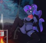  anthro anthrofied breasts cleavage clothed clothing elbow_gloves equine female fire friendship_is_magic gloves gun hair hi_res horn mammal my_little_pony nipple_bulge patreon princess_luna_(mlp) raining ranged_weapon scarf sitting solo spread_legs spreading thigh_boots underwear unicorn water weapon xorza 