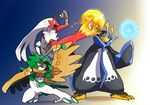  ban_(3551702) beak bird blaziken blue_eyes chicken claws commentary_request decidueye empoleon energy_ball gen_3_pokemon gen_4_pokemon gen_7_pokemon no_humans orange_eyes owl penguin pokemon pokemon_(creature) rooster trait_connection water wings yellow_sclera 