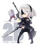  black_dress black_footwear black_legwear blindfold boots breasts character_name chibi cleavage copyright_name dress highres kuronekozero large_breasts mole mole_under_mouth nier_(series) nier_automata pod_(nier_automata) silver_hair sword thigh_boots thighhighs weapon yorha_no._2_type_b 